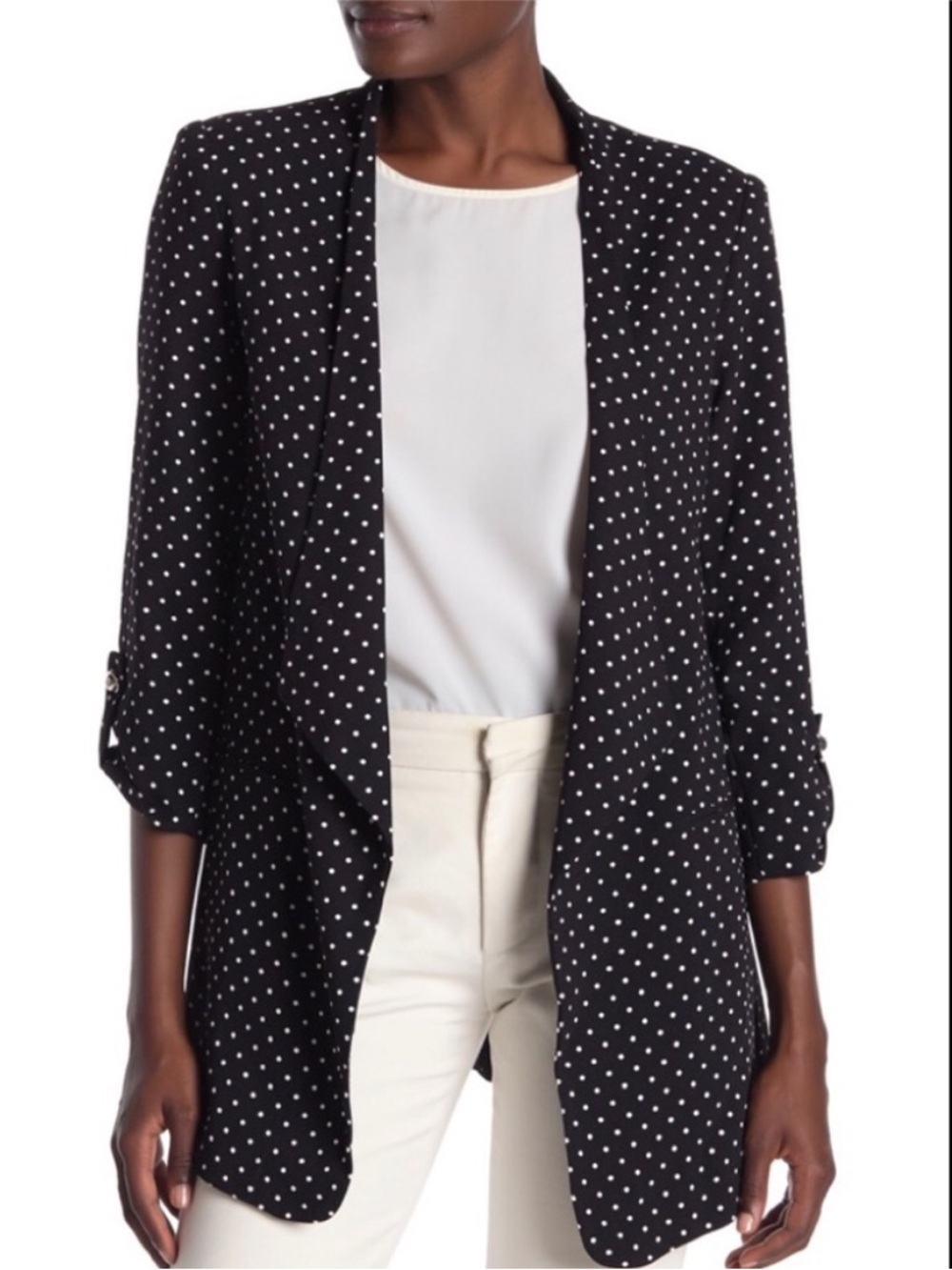 Philosophy Black Polka Dot Tab Sleeve Open Front Blazer Size Medium - Picture 11 of 12